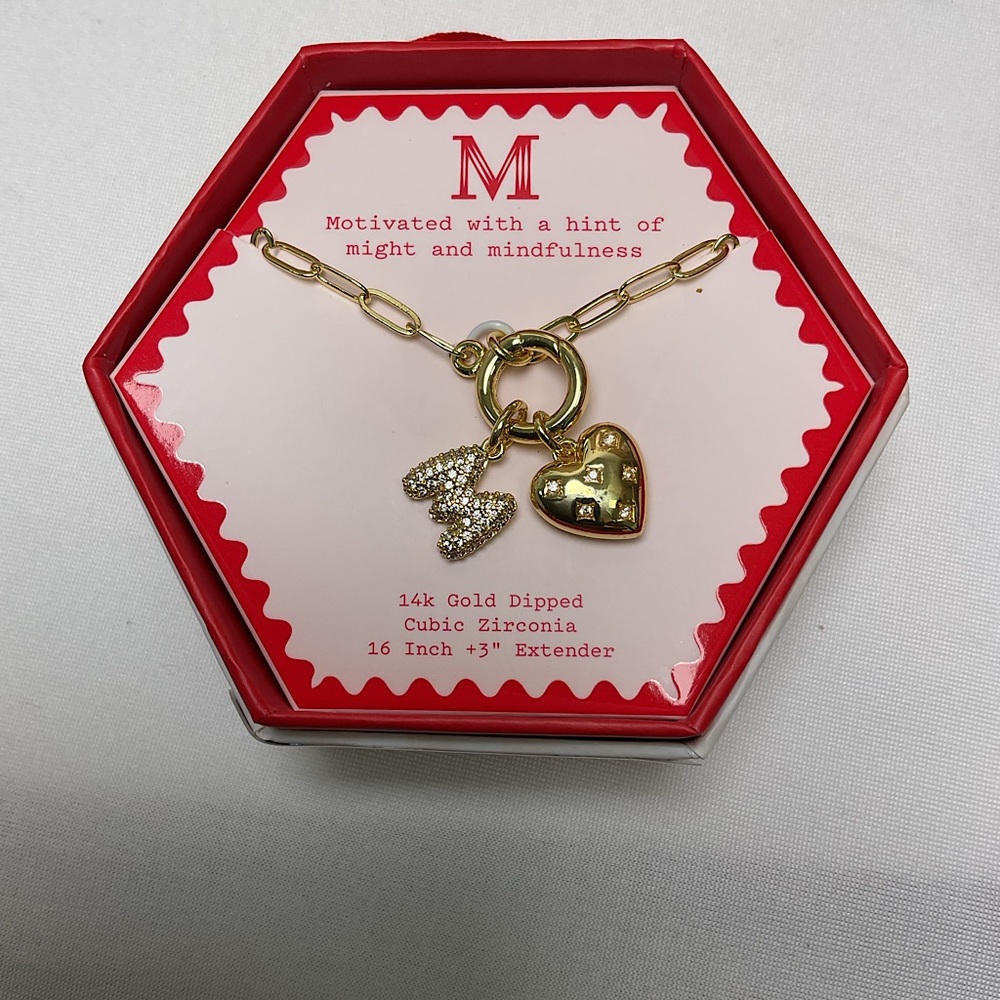a new day- M Initial Gold-Dipped Necklace with Heart & CZ Charm - Gold - New